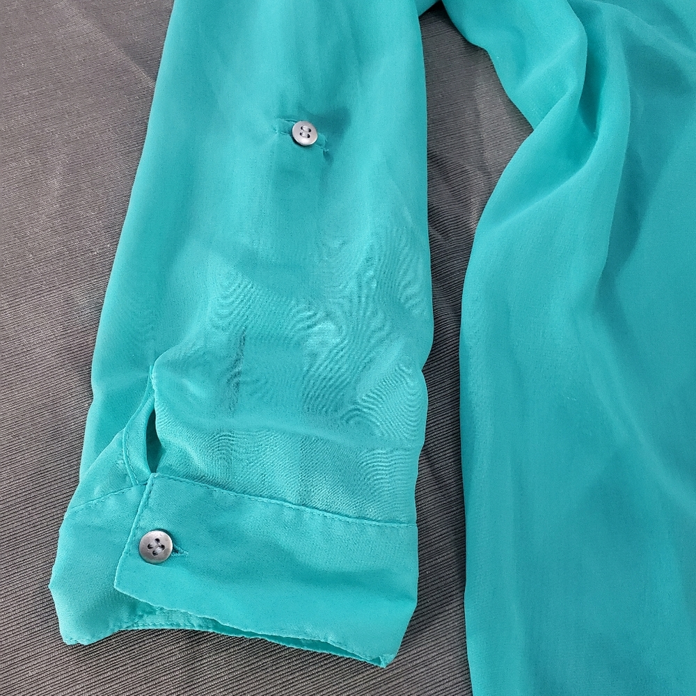 Vanity 2XL Sheer Mint Green Pleated Pintuck Tunic Longsleeved Blouse Top - Picture 8 of 10